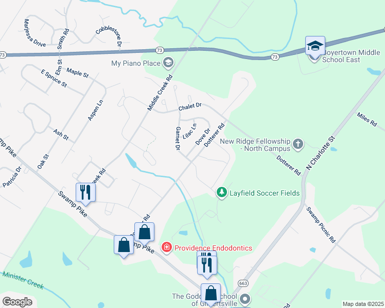 map of restaurants, bars, coffee shops, grocery stores, and more near 138 Dove Drive in Gilbertsville