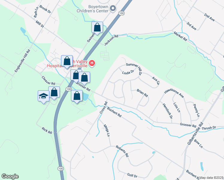 map of restaurants, bars, coffee shops, grocery stores, and more near 25 Meadow Drive in Gilbertsville
