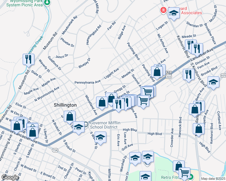 map of restaurants, bars, coffee shops, grocery stores, and more near 517 Gregg Street in Shillington