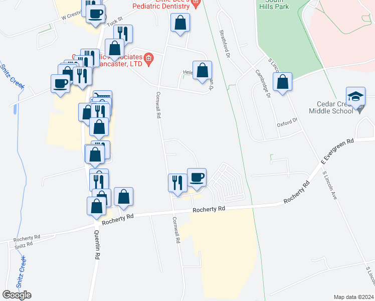 map of restaurants, bars, coffee shops, grocery stores, and more near 2000 Cornwall Road in Lebanon