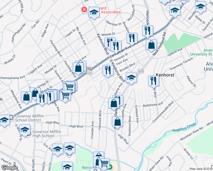 map of restaurants, bars, coffee shops, grocery stores, and more near 1405 Hancock Boulevard in Reading