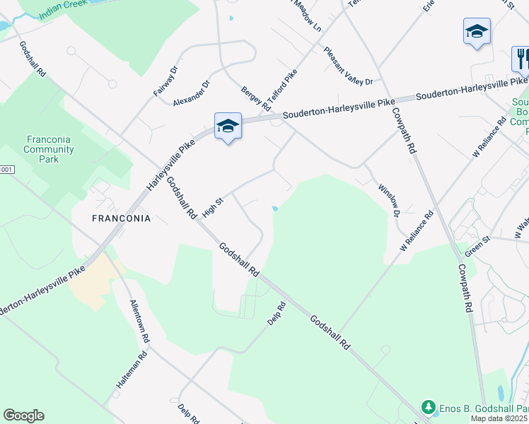 map of restaurants, bars, coffee shops, grocery stores, and more near 461 Homestead Avenue in Souderton