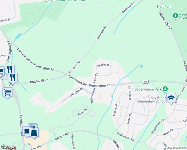 map of restaurants, bars, coffee shops, grocery stores, and more near 7 Sioux Road in Pennington