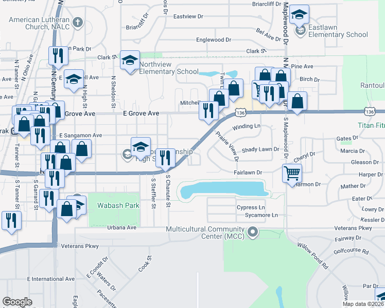 map of restaurants, bars, coffee shops, grocery stores, and more near 5 Charles Drive in Rantoul