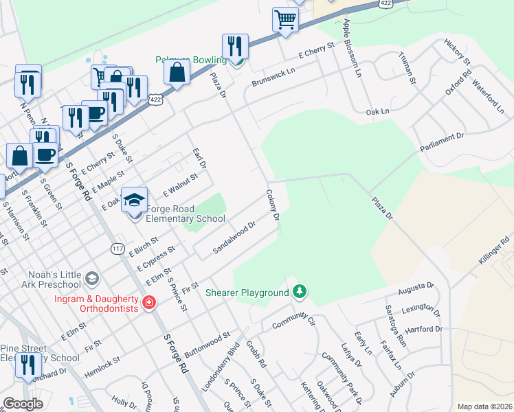 map of restaurants, bars, coffee shops, grocery stores, and more near 54 Sycamore Lane in Palmyra