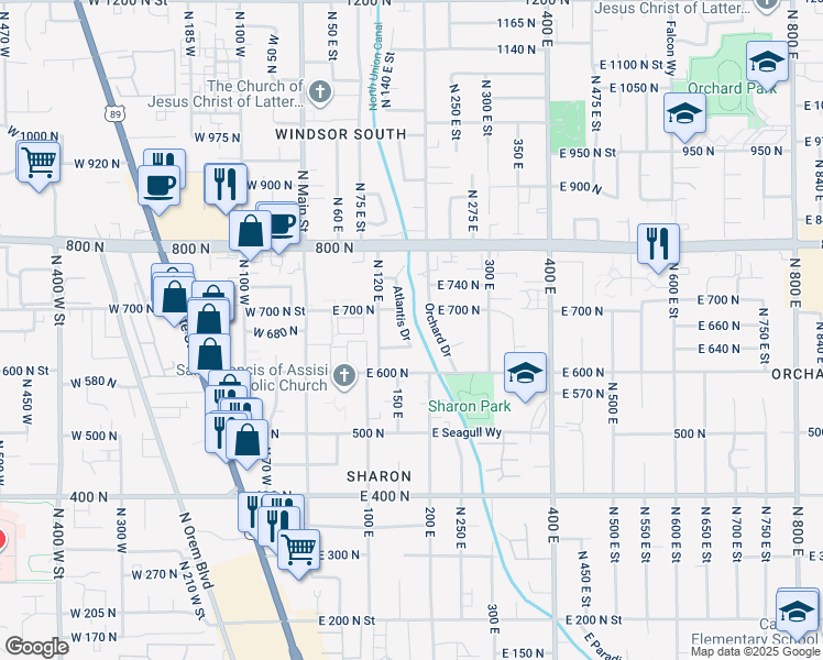 map of restaurants, bars, coffee shops, grocery stores, and more near 660 Atlantis Drive in Orem