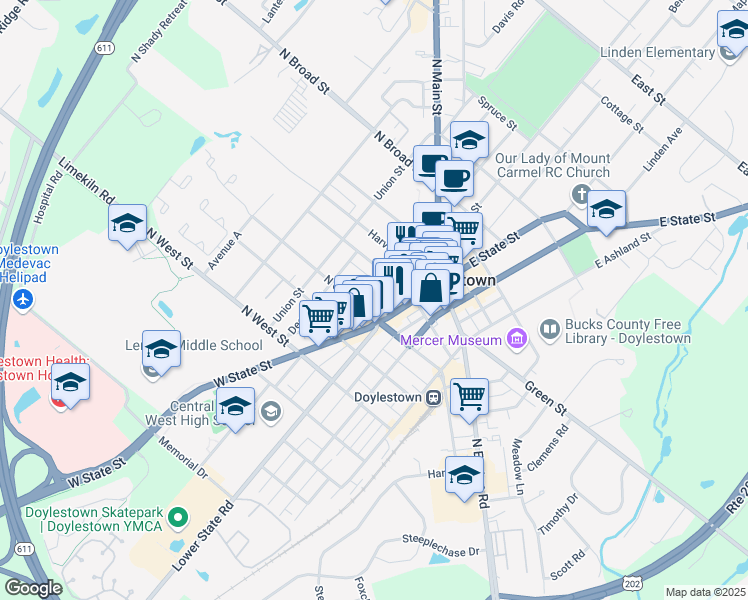 map of restaurants, bars, coffee shops, grocery stores, and more near 85 Wood Street in Doylestown
