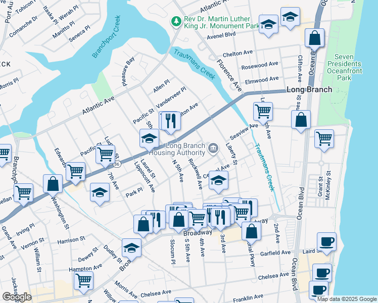 map of restaurants, bars, coffee shops, grocery stores, and more near 149 Rockwell Ave in Long Branch