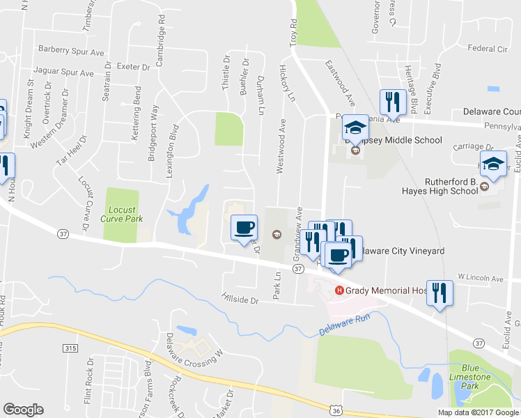 map of restaurants, bars, coffee shops, grocery stores, and more near 564 Buehler Drive in Delaware