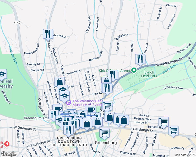 map of restaurants, bars, coffee shops, grocery stores, and more near 409 Arch Avenue in Greensburg