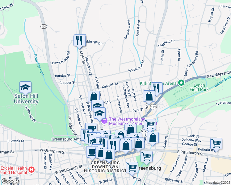 map of restaurants, bars, coffee shops, grocery stores, and more near 424 Center Avenue in Greensburg