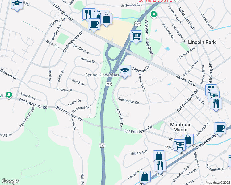 map of restaurants, bars, coffee shops, grocery stores, and more near 154 Bainbridge Cir in Sinking Spring
