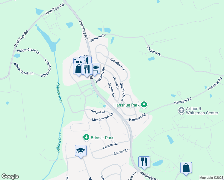 map of restaurants, bars, coffee shops, grocery stores, and more near 198 Osprey Lane in Hummelstown