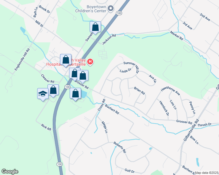 map of restaurants, bars, coffee shops, grocery stores, and more near 25 Meadow Drive in Gilbertsville