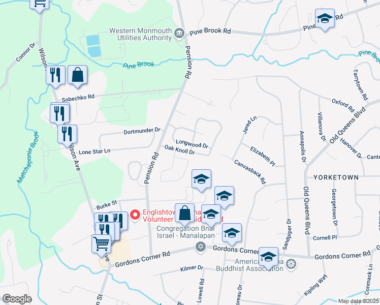 map of restaurants, bars, coffee shops, grocery stores, and more near Oak Knoll Drive & Oak Rise Drive in Manalapan Township