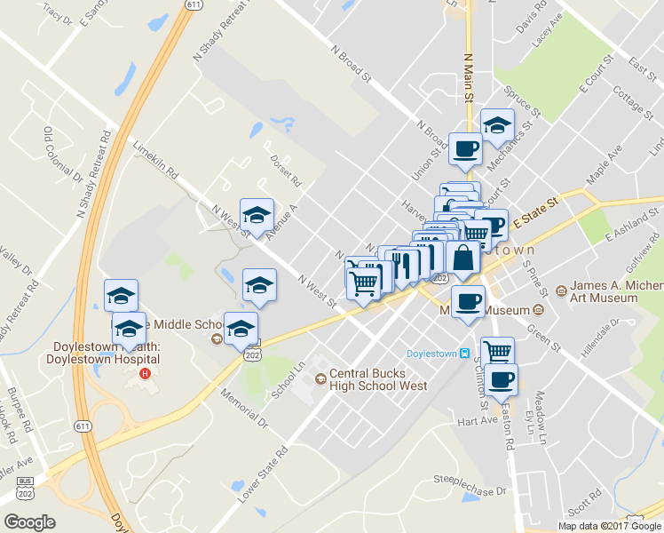 map of restaurants, bars, coffee shops, grocery stores, and more near 331 Union Street in Doylestown