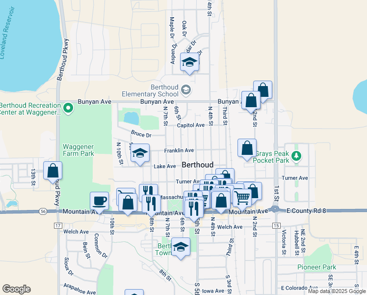 map of restaurants, bars, coffee shops, grocery stores, and more near 532 Franklin Avenue in Berthoud