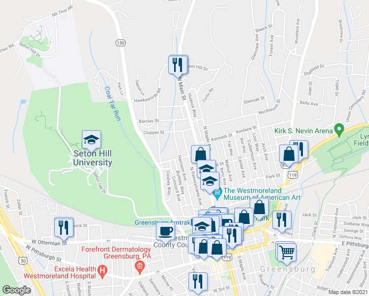 map of restaurants, bars, coffee shops, grocery stores, and more near 452 North Pennsylvania Avenue in Greensburg