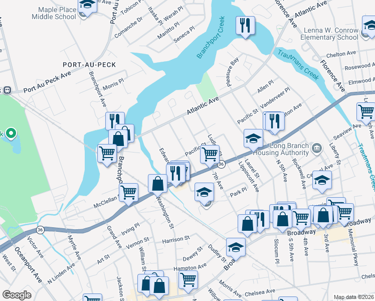 map of restaurants, bars, coffee shops, grocery stores, and more near 201 Coleman Avenue in Long Branch