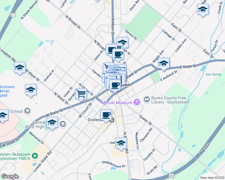 map of restaurants, bars, coffee shops, grocery stores, and more near 16 South Main Street in Doylestown