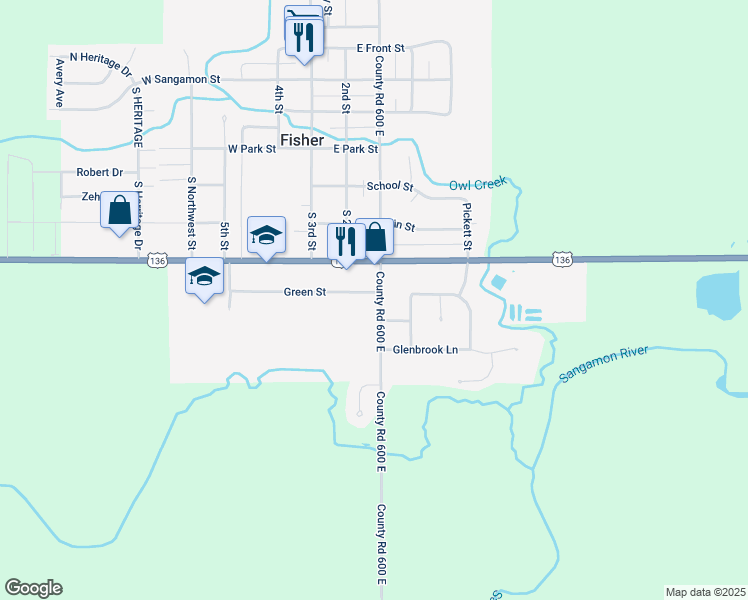 map of restaurants, bars, coffee shops, grocery stores, and more near 801 South 1st Street in Fisher