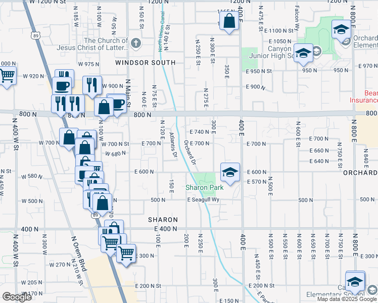 map of restaurants, bars, coffee shops, grocery stores, and more near 259 East 650 North in Orem