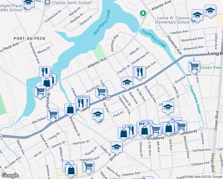 map of restaurants, bars, coffee shops, grocery stores, and more near 173 Ludlow Street in Long Branch