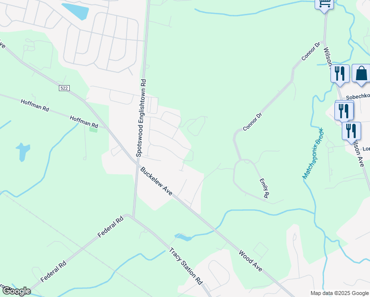 map of restaurants, bars, coffee shops, grocery stores, and more near 11 McBride Road in Manalapan Township