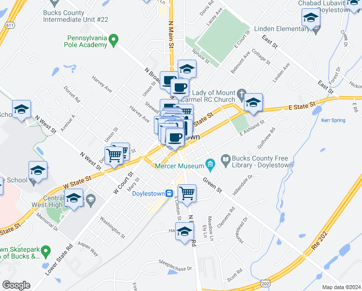 map of restaurants, bars, coffee shops, grocery stores, and more near in Doylestown