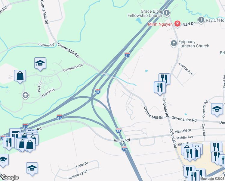 map of restaurants, bars, coffee shops, grocery stores, and more near 2778 Monticello Lane in Harrisburg