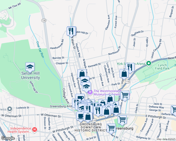 map of restaurants, bars, coffee shops, grocery stores, and more near 430 Walnut Avenue in Greensburg