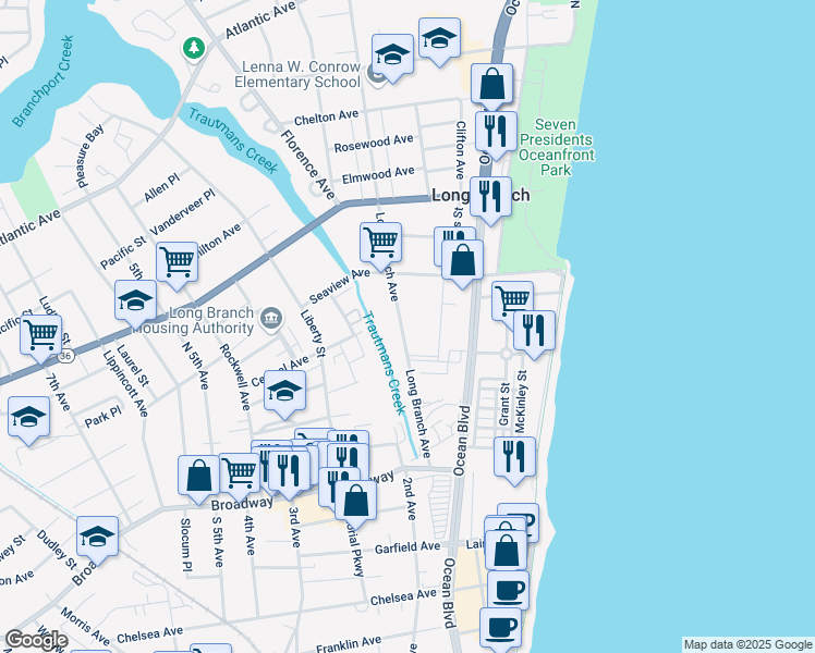 map of restaurants, bars, coffee shops, grocery stores, and more near 97 Long Branch Avenue in Long Branch