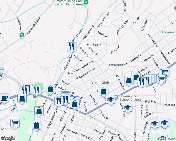 map of restaurants, bars, coffee shops, grocery stores, and more near 500 State Street in Shillington