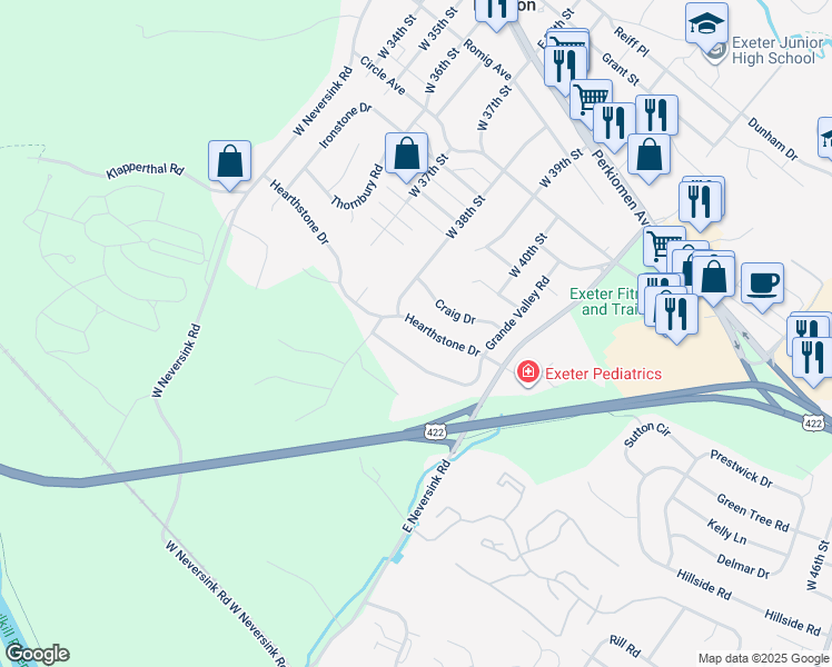 map of restaurants, bars, coffee shops, grocery stores, and more near 18 Hearthstone Drive in Reading
