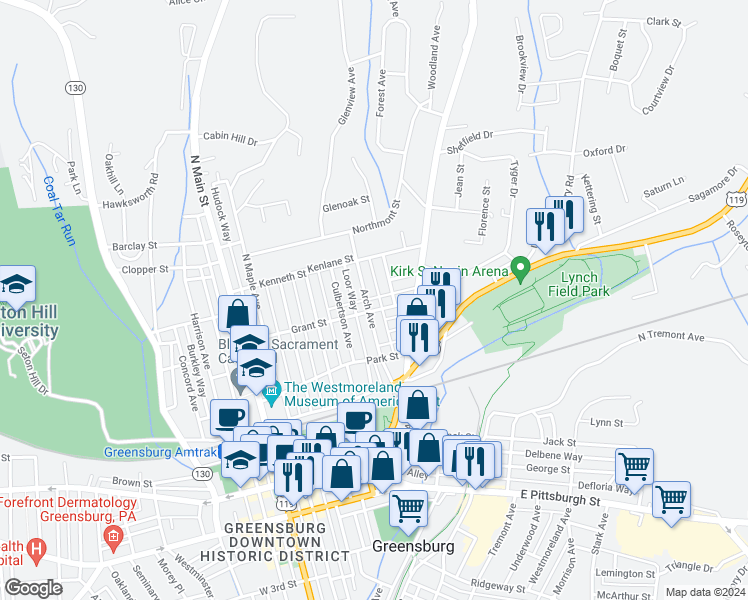 map of restaurants, bars, coffee shops, grocery stores, and more near 409 Arch Avenue in Greensburg