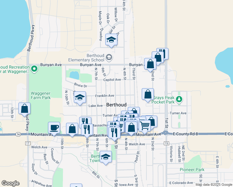 map of restaurants, bars, coffee shops, grocery stores, and more near 906 5th Street in Berthoud
