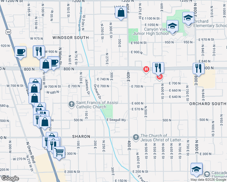 map of restaurants, bars, coffee shops, grocery stores, and more near 670 300 East in Orem