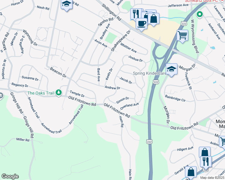 map of restaurants, bars, coffee shops, grocery stores, and more near 2602 Andrew Drive in Sinking Spring