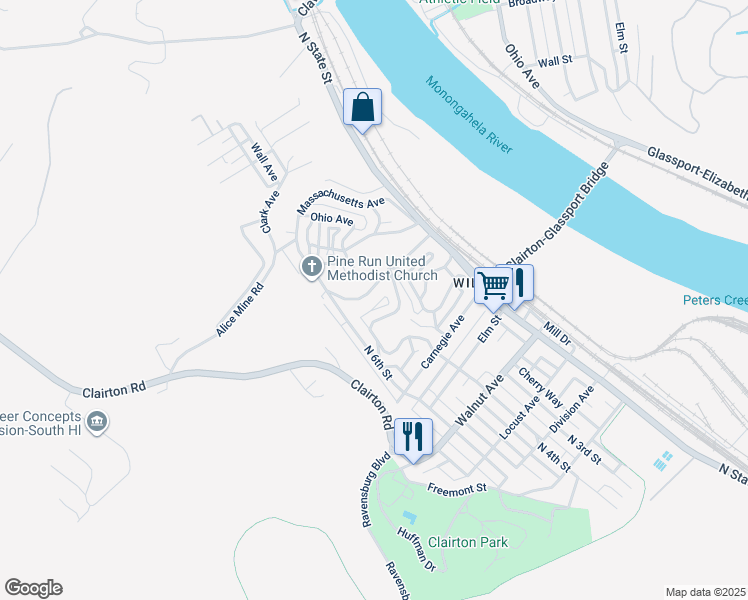 map of restaurants, bars, coffee shops, grocery stores, and more near 335 Pennsylvania Avenue in Clairton