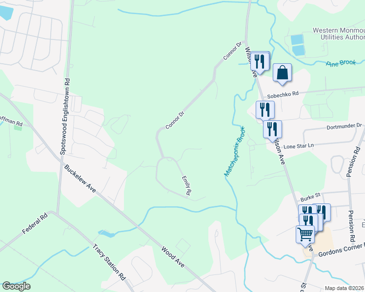 map of restaurants, bars, coffee shops, grocery stores, and more near 5 Amanda Court in Manalapan Township