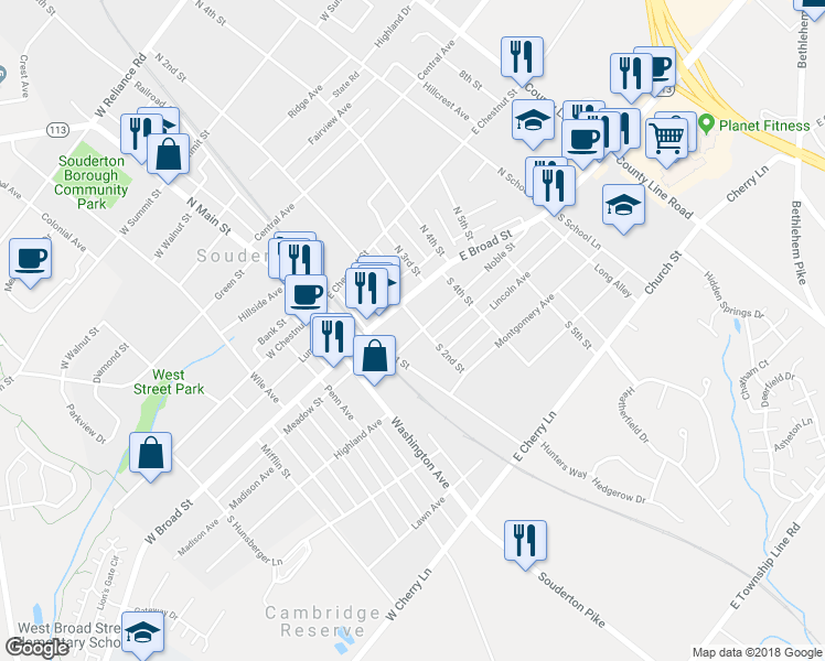 map of restaurants, bars, coffee shops, grocery stores, and more near 131 Noble Street in Souderton