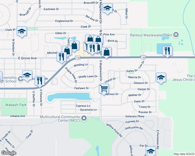 map of restaurants, bars, coffee shops, grocery stores, and more near 204 Shady Lawn Drive in Rantoul