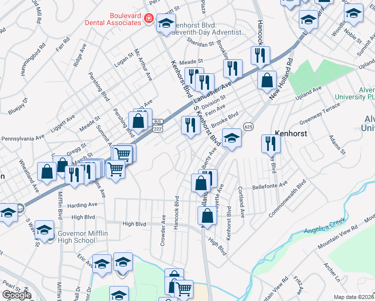 map of restaurants, bars, coffee shops, grocery stores, and more near 1405 Hancock Boulevard in Reading