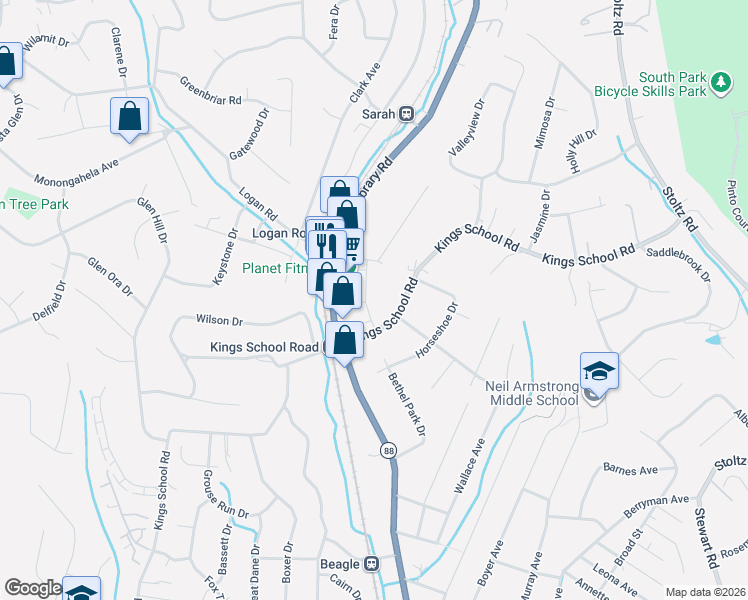 map of restaurants, bars, coffee shops, grocery stores, and more near 5833 Shirley Dr in Bethel Park