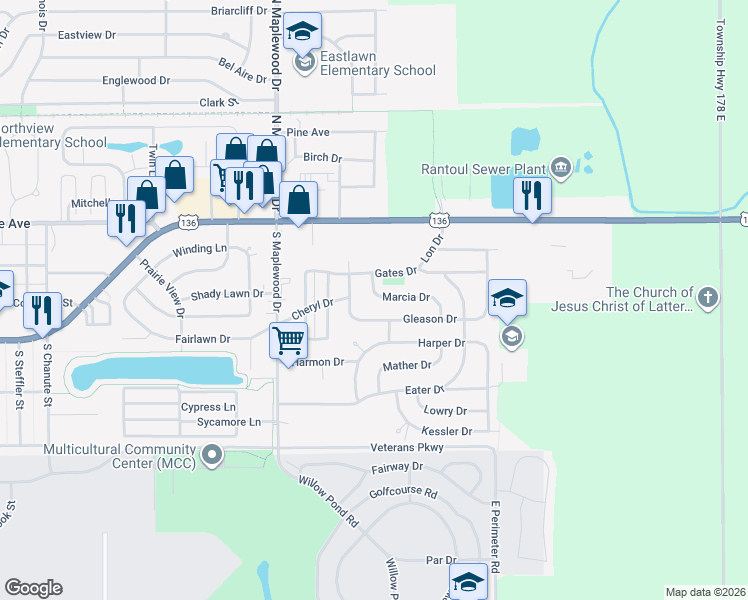 map of restaurants, bars, coffee shops, grocery stores, and more near 1512 Marcia Drive in Rantoul