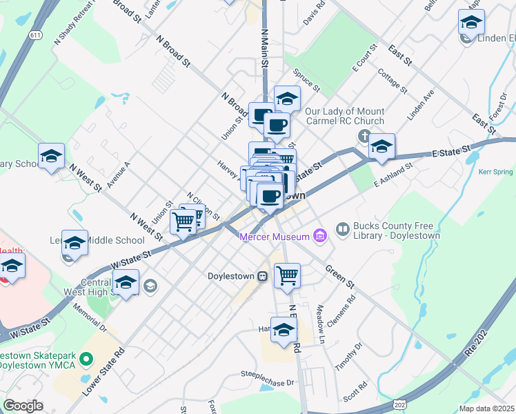 map of restaurants, bars, coffee shops, grocery stores, and more near 28 West State Street in Doylestown