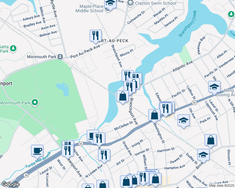 map of restaurants, bars, coffee shops, grocery stores, and more near 598 Berdan Place in Long Branch