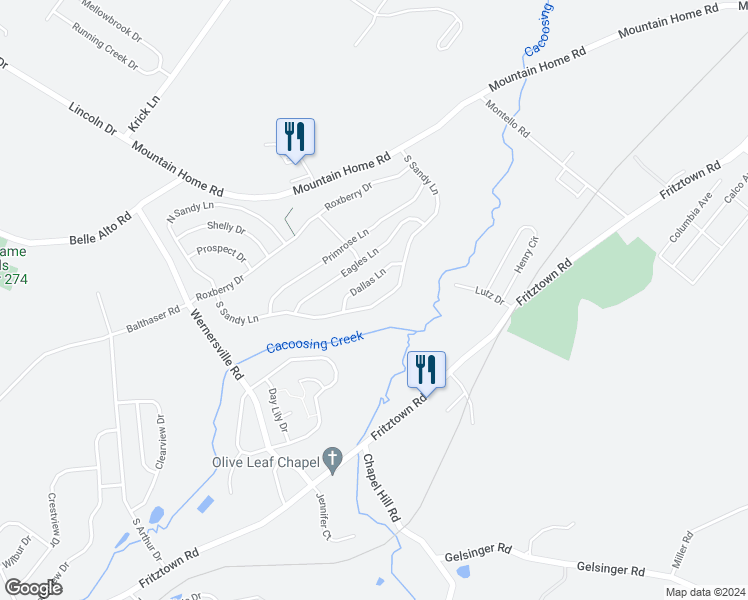 map of restaurants, bars, coffee shops, grocery stores, and more near 411 South Sandy Lane in Sinking Spring