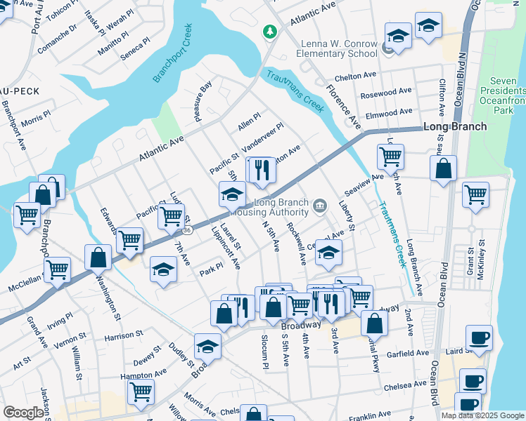 map of restaurants, bars, coffee shops, grocery stores, and more near 302 Joline Avenue in Long Branch