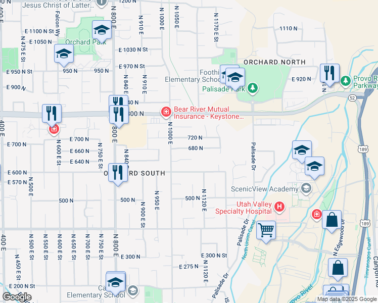map of restaurants, bars, coffee shops, grocery stores, and more near 1062 680 North in Orem